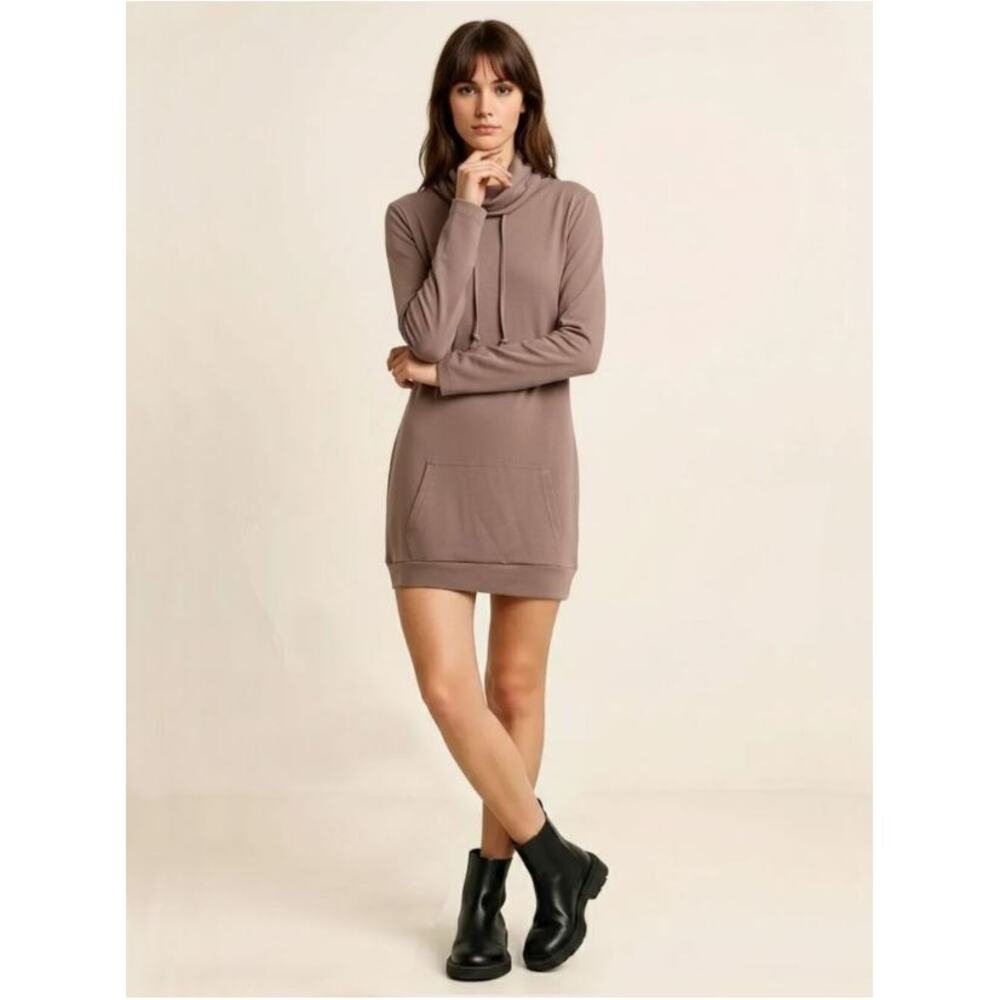 Lily & Lottie Tan Brown Funnel Neck Hoodie Long Sleeve Thumbholes Dress Womens M - Picture 10 of 14